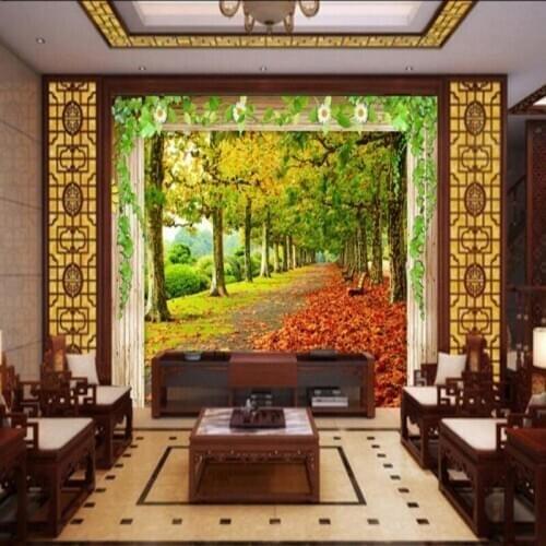 Custom mural Beautiful 3D custom wallpaper mural window autumn forest TV backdrop decoration wallpaper