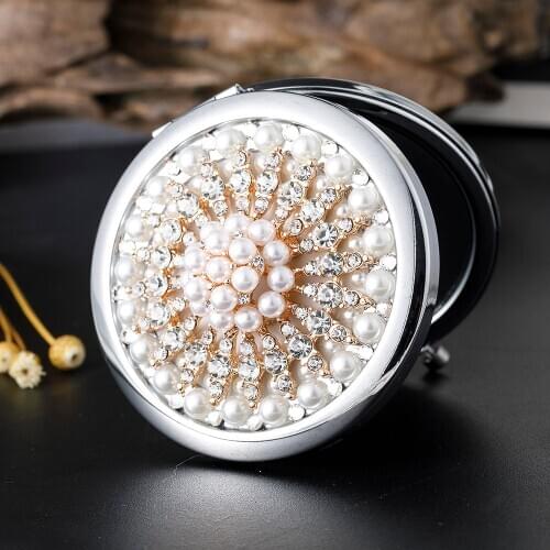 Free Customized Engraving,Mini Pocket Beauty Cosmetic makeup mirror,Magnify mirror makeup,Pearl Snow Flower,Elegant Wedding Gift