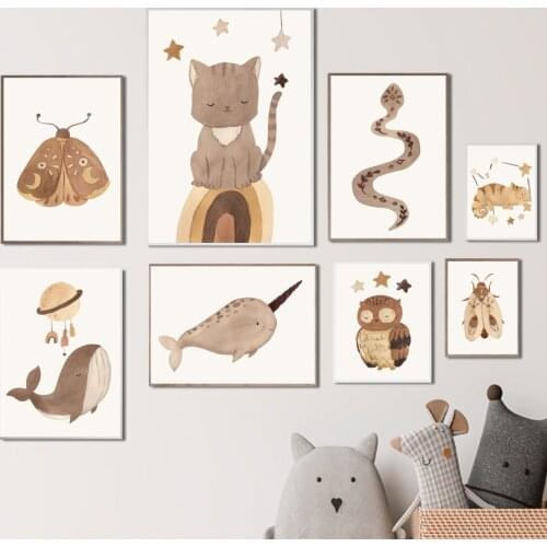 Cat Narwhal Owl Chameleon Rainbow Wall Art Canvas Painting Nordic Posters And Prints Wall Pictures Kids Room Simplicity Decor