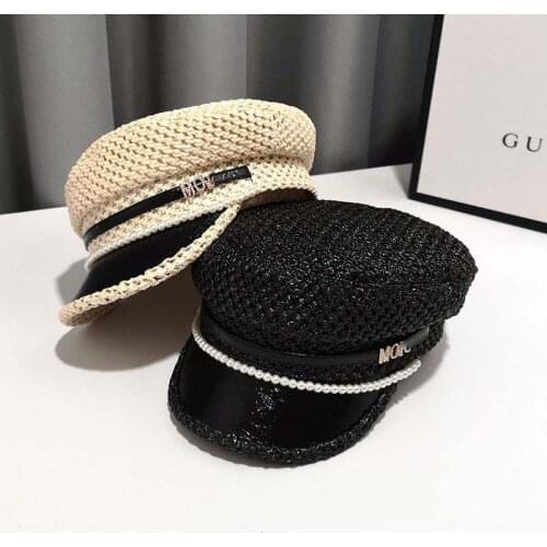 Womens cap Summer Thin Breathable Pearl Chain Lattice Navy Hat British Octagonal Hat Spring and Autumn Temperament Duck Tongue