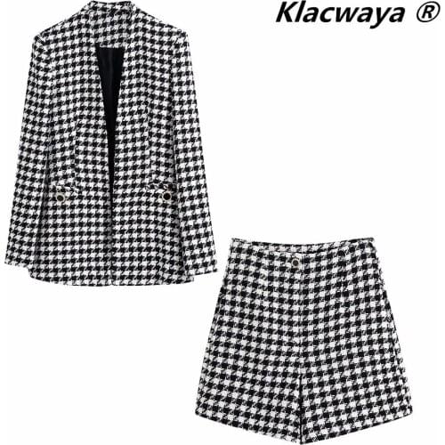 Klacwaya 2021 Women Two-Piece Set Vintage V Neck No Buckle Plaid Textured Blazer Jacket Female High Waist Shorts Elegant Suit