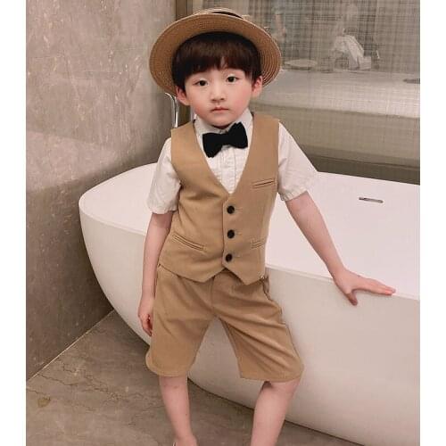 Boys Summer Khaki Vest +Shorts 2PCS Clothing Set Kindergarten Graduation Suit Kids Birthday Party Dress Children Chorus Costume