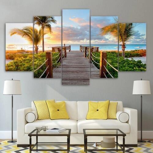 Modular Pictures Framework HD Print Modern Home Decor 5 Panel Coast Board Walk Palms Beach Living Room Wall Art Painting Canvas