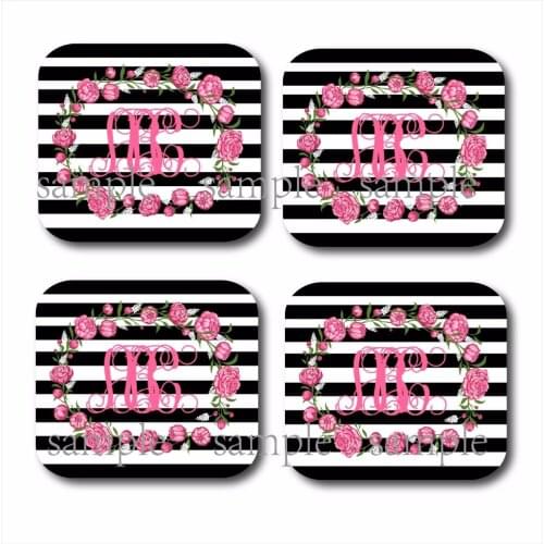 Set of 4 Monogrammed cup coasters Black and White Striped wood mdf Coaster Rustic Home Decor custom wedding gifts supplier