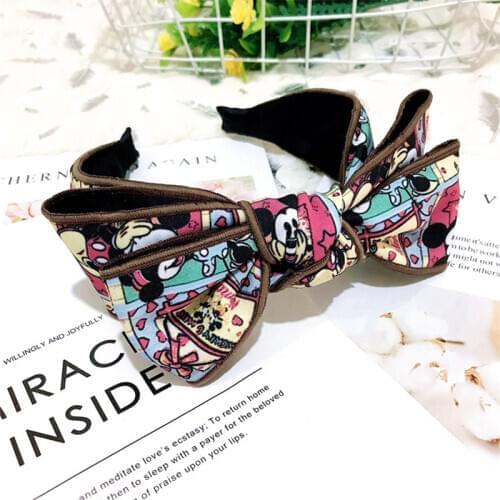 New Disney Fashion Women Hairband Minnie Mouse Double Layers Bow Knot Hairband Cute Cartoon Print Head Band Kids Accessories