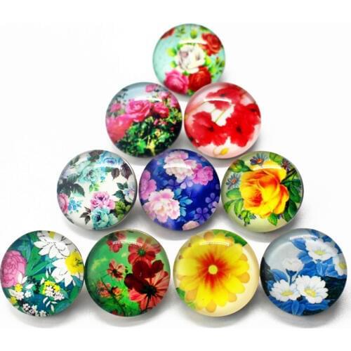 Wholesale 20pcs/lot Mixs Colourful Flower Pattern Glass Snap Buttons Charms Fit 18mm DIY Snap Bracelet&Bangle Jewelry