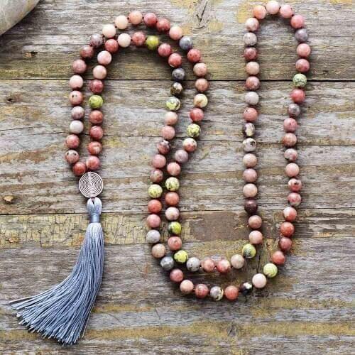 108 Beads Mala Necklace 8MM Natural Stone with Antique Charm Long Tassel Necklace Women Lariat Meditation Necklace Dropship
