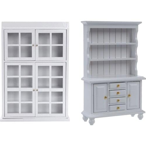 Retail 2 Pcs 1/12 Dollhouse Miniature Furniture White :1 Pcs Kitchen Dining Cabinet Display Shelf & 1 Pcs Multifunction Wood Cab