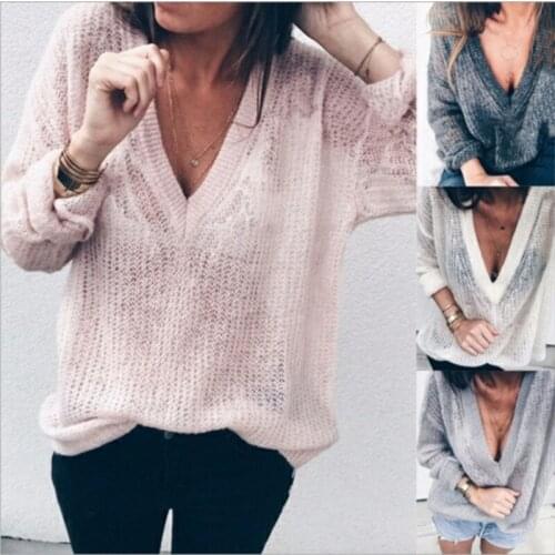 Sexy Hollow Out V-neck Knitted Sweater Women Autumn Long Sleeve Candy Basic Tops Loose Ladies Sweaters And Pullovers Plue Size