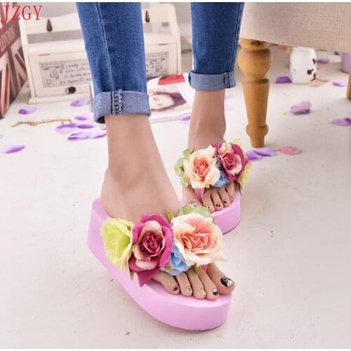 Ladies Slippers Summer Flip Flop Flowers decoration Female Flip flops High heels EVA Flip flops Bohemia Beach Slippers Shoes