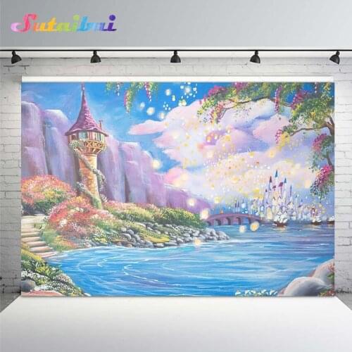 FairyTale Princess Backdrop Fantasy Wonderland Castle Garden Lake Lantern Girl Birthday Party Background Photography PhotoStudio