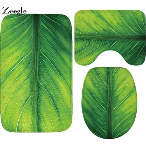 Zeegle Toilet Seat Covers Mat 3PCS Set Warmer Soft Bathroom Carpet Toilet Accessories Set Green Leaf Rug Absorbent Bathroom Rug