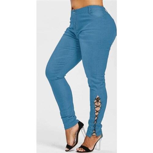FNOCE 2020 womens jeans pants large size fashion trends elegant solid high waist tight stretch lace up slim denim pencil pants