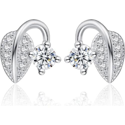S925 Silver Earring Sparkling Leaf Stud Earring For Women Wedding Gift Lady Girl Fashion Zircon Jewelry