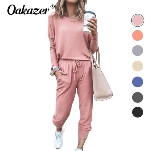 Oakazer 2 Piece Set Women Pullover Sweatshirt+Elastic Waist Long Pants Casual Sports Suit Solid Clothes For Female Spring Autumn