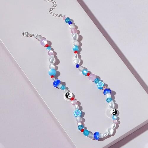 New Rainbow Beads Blue Mushroom Yin Yang Necklace for Women Heart Pearl Punk Vintage Necklace Charms Y2K Jewelry 90s Aesthetic