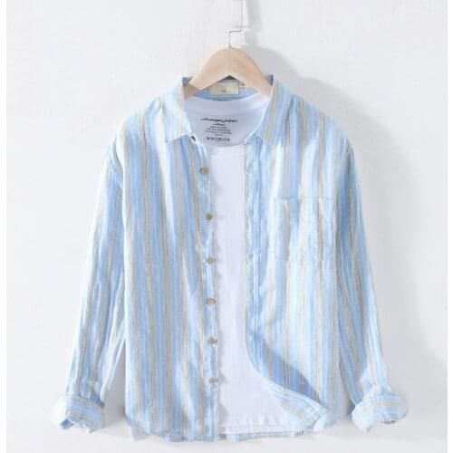 100% Pure Linen Long Sleeve Shirts for Men Vertical Striped Breathable Turn-down Collar Tops Male Fashion Casual Hemp Shirt