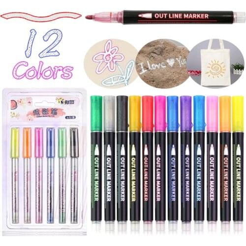 12 Colors Outline Paint Marker Pen Double Line Pen Diy Drawing Painting Doodling for Album Scrapbooking Metal Marker Glitter