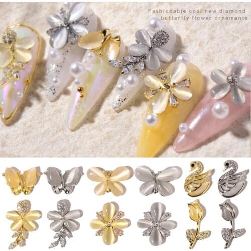 2pcs Zircon Nail Art Jewelry 3D Butterfly Flowers Nail Decorations Cat Eye Crystal Diamond Nail Charms UV Manicure Accessories