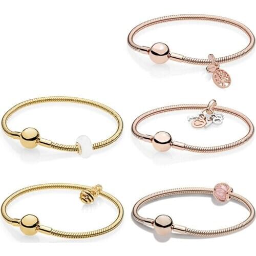 2019 NEW 100% 925 Sterling Silver 1:1 Interwoven Halo BEE FAMILY ROOTS HANGING Pendant Glass Bead ROSE SHINE SMOOTH BRACELET Set