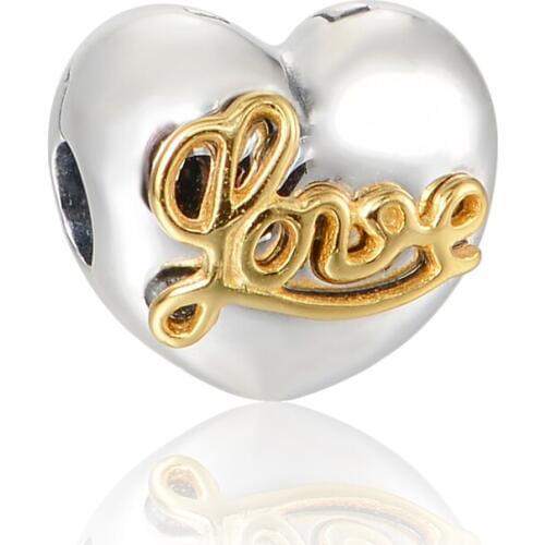 925 Sterling Silver Heart Gold Love Beads With Silver Charm DIY Jewelry Fit Silver Charm Bracelets For Women & Men Jewelry