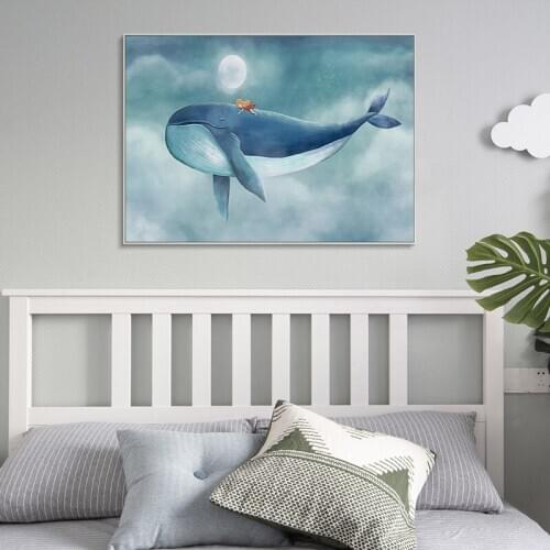 Abstract Ocean Landscape Starry Sky Sailboats Animal Whale Canvas Painting Wall Picture Poster Living Children’s Room Decoration