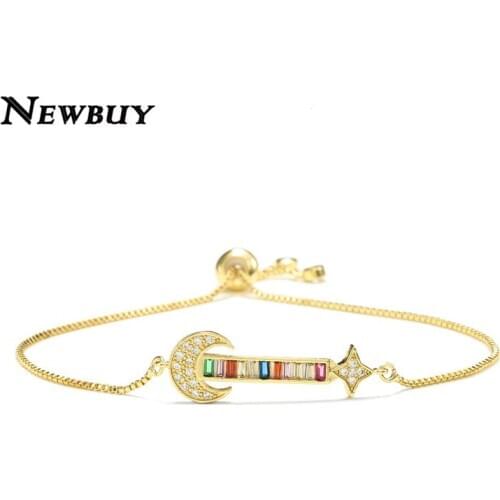NEWBUY Fashion Gold Color Moon & Star Charm Bracelets For Women Girl Rainbow Color CZ Stone Bracelet Wedding Jewelry Gift