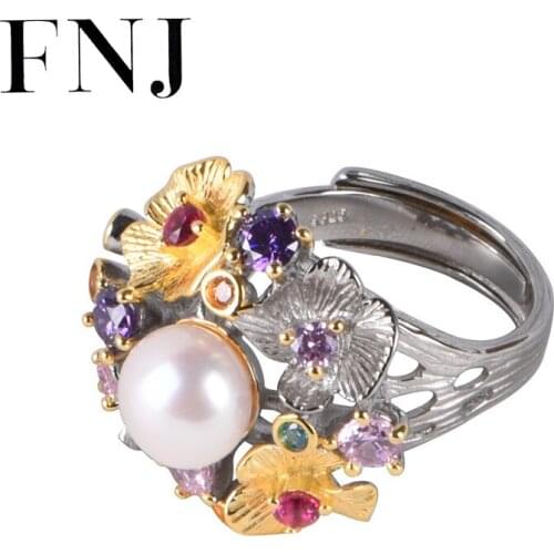FNJ Natural Freshwater Pearl Ring 925 Silver New Original S925 Sterling Silver Rings for Women Jewelry Adjustable size Flower