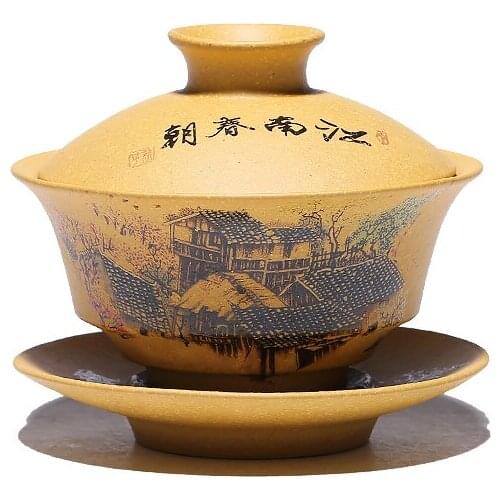 Guyuetang Yixing Raw Ore Purple Sand Gaiwan Handmade High-End Kung Fu Tea Set Tea Cup Jiangnan Spring Dynasty