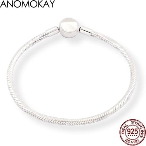 Anomokay Classic Round Clasp S925 Basic Bracelet 100% 925 Sterling Silver Chain Link Charm Bracelets & Bangles for Xmas Gift