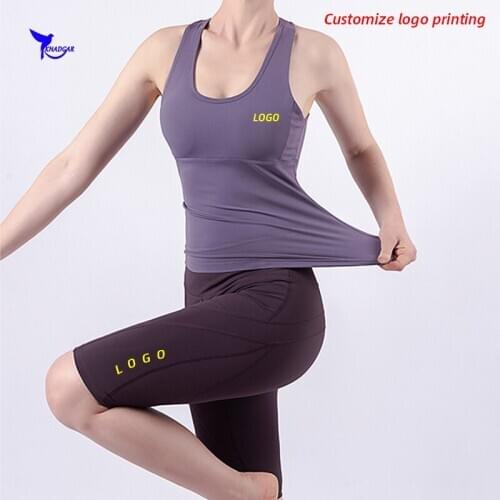 Custom LOGO 2PCS Women Stretch Yoga Suit with Padded Quick Dry Gym Fitness Workout Running Set Vest+High Waist Tights Sport Suit