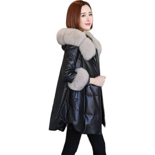 2021 Autumn Winter Black Leather Jacket Women M-4XL Plus Size Slim Fox Fur PU Faux Leather Warm Short Fur Coats Feminina W2393