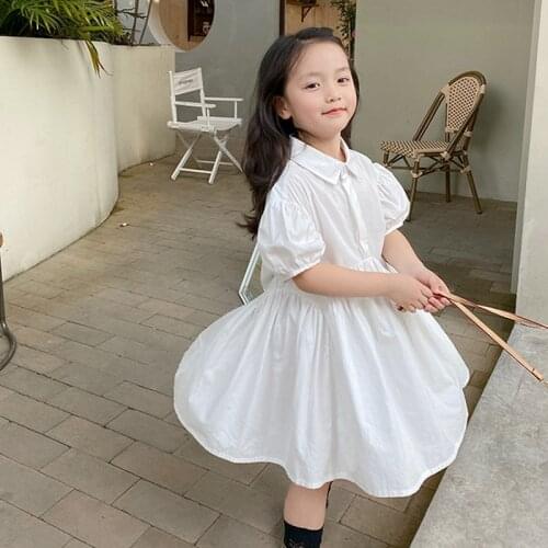 Summer Girls' Dress New Puff Sleeve Outfits Shirt Collar White Dress Sweet Princess Dress Baby Kids Costumes ChildrenS Clothing