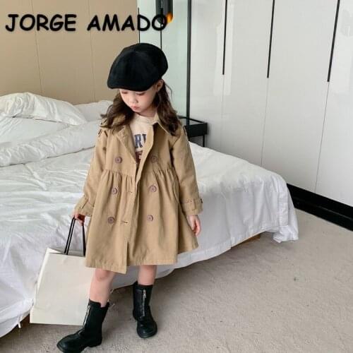 2021 Korean Style New Spring Girl Trench Khaki Long Sleeves Coat Cute Style Outwear Children Fashion Clothes E067