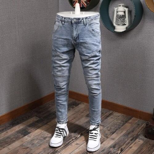 Newly Designer Fashion Men Jeans Elastic Light Blue Slim Fit Spliced Denim Pencil Pants Streetwear Hip Hop Biker Jeans Homme