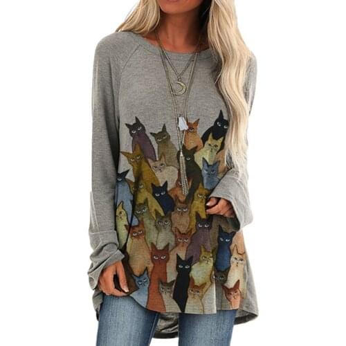 Casual Top Women Tee Shirt O Neck Cat Printing Womens T Shirt Spring Autumn Loose Long Sleeve Tshirt Fashion Loose Ladies Tops