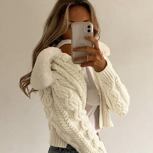 Casual Female Y2k Cropped Sweater White 2021 Spring Streetwear Fashion Woman Cardigan Sweaters with Fur Trim Collar Korean Style