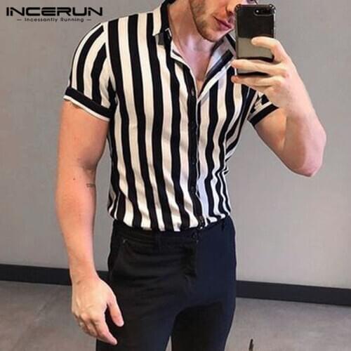 INCERUN 2021 Men Striped Shirt Lapel Streetwear Short Sleeve Button Casual Fashion Basic Shirts Summer Camisa Masculina S-5XL