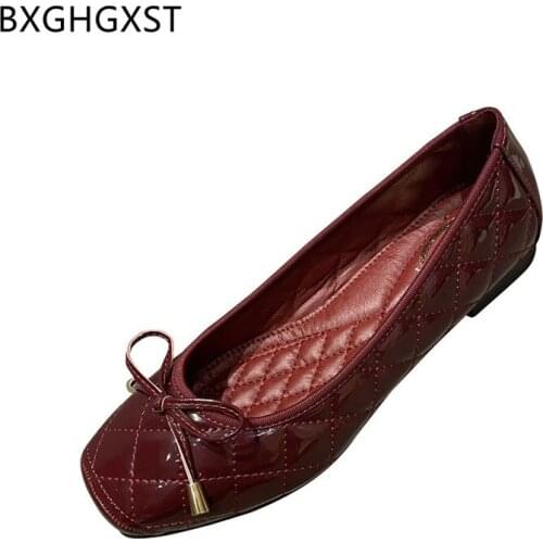Korean Fashion Patent Leather Square Toe Slip on Shoes for Women Butterfly Knot Woman Flats Loafers Women Leather Casual Shoes