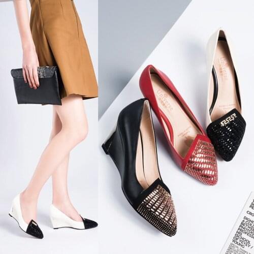 Universe Crystal Wedding Pumps Wedge Autumn Spring Slip-on Genuine Leather Shallow Nude Red Black Heel Women Shoes Dress C008