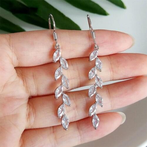 White Color Cubic Zirconia Leaf Long Dangle Hook Earrings for Women Fashion Bridal Crystal Wedding Jewelry Drop Shopping