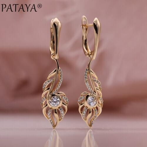 PATAYA New Hollow Leaf Long Drop Earrings White Natural Zircon Women Classic Fine Fashion Jewelry 585 Rose Gold Unusual Earrings