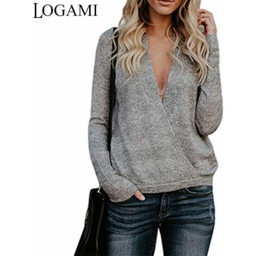 LOGAMI Deep V Neck Sexy Pullover 2018 Autumn Women Fashion Loose Knitting Sweaters Female