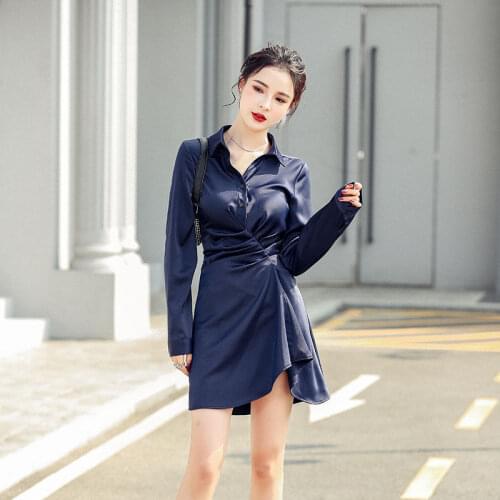 Women Sexy Mini Long Sleeve Shirt Dress Female Irregular Ruffles Satin Finish Dresses Office Lady Chic Breasted Business Vestido