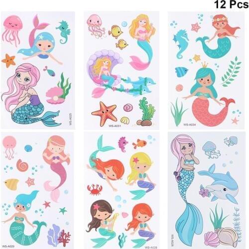 12 Sheets Cute Mermaid Tattoo Children Waterproof Cartoon Tattoo Stickers Environmentally Friendly Stickers for Boys Girls