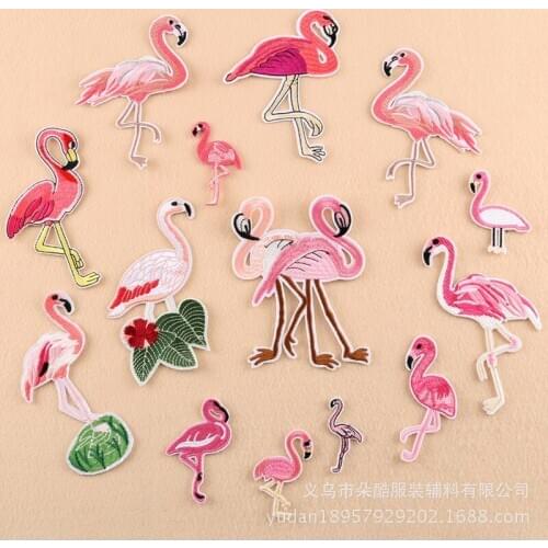 20pcs/lot Large Flamingo Bird Animal Embroidery Patches Pink for Clothing Accessories Diy Patch Cute Iron on Transfers Heat