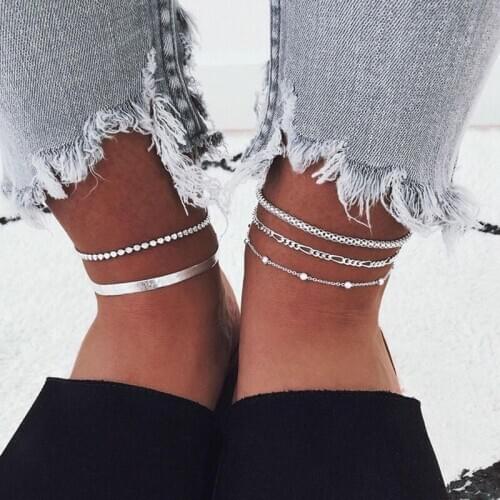 5 Pieces/set 2020 Female Punk Style Womens Multi-layer Metal Chain Bead Chain Anklet Combination Popular Fashion New