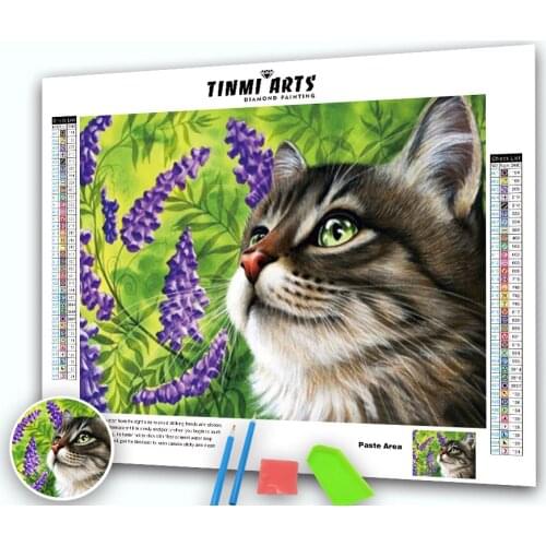 5D DIY Diamond Painting Cat Flower Lavender Cross Stitch Kit Mosaic Diamond Embroidery Full Round Drill Home Wall Decoration