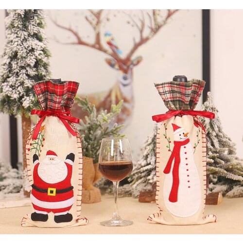 Cartoon Plaid Linen Santa Snowman Christmas Wine Bottle Bags Cover New Year Champagne Red Wine Bundle Pocket Party Table Decor