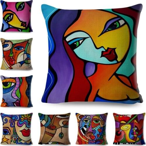 Colorful Abstract Painting Cushion Cover for Sofa Home Car Decor Nordic Style Cartoon Girl Pillowcase 45*45cm Linen Pillow Case